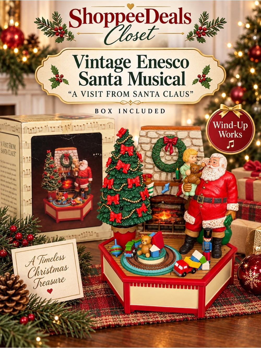 Vintage 1986 Enesco A Visit From Santa Claus Musical Christmas Figurine 551368